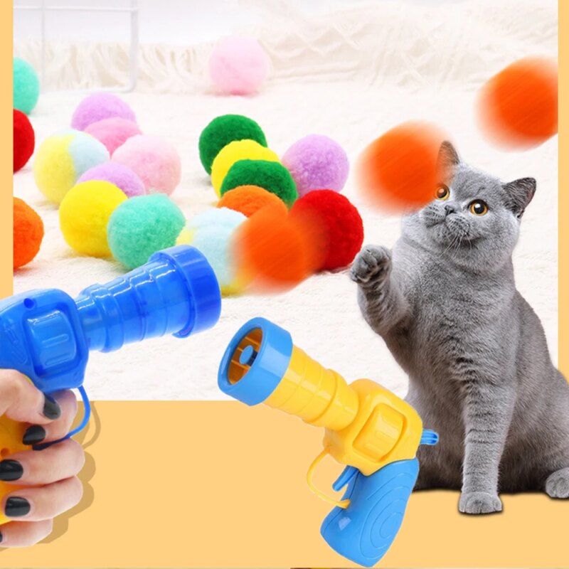 Funny Cat Toys Stretch Plush Ball Mini Shooting Gun Games Interactive Launch Training Toy For Pet Kitten Cat Pom Pom Plush Balls